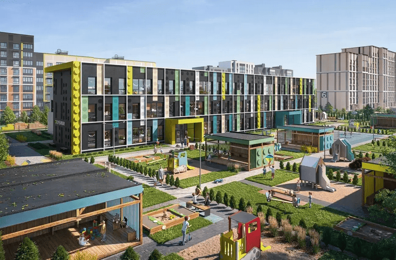 Aerial view of Kubiki kindergarten complex showing outdoor facilities