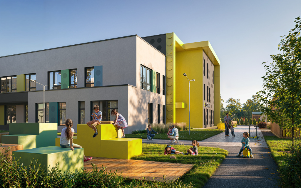 Kubiki kindergarten building with LEGO-inspired architecture